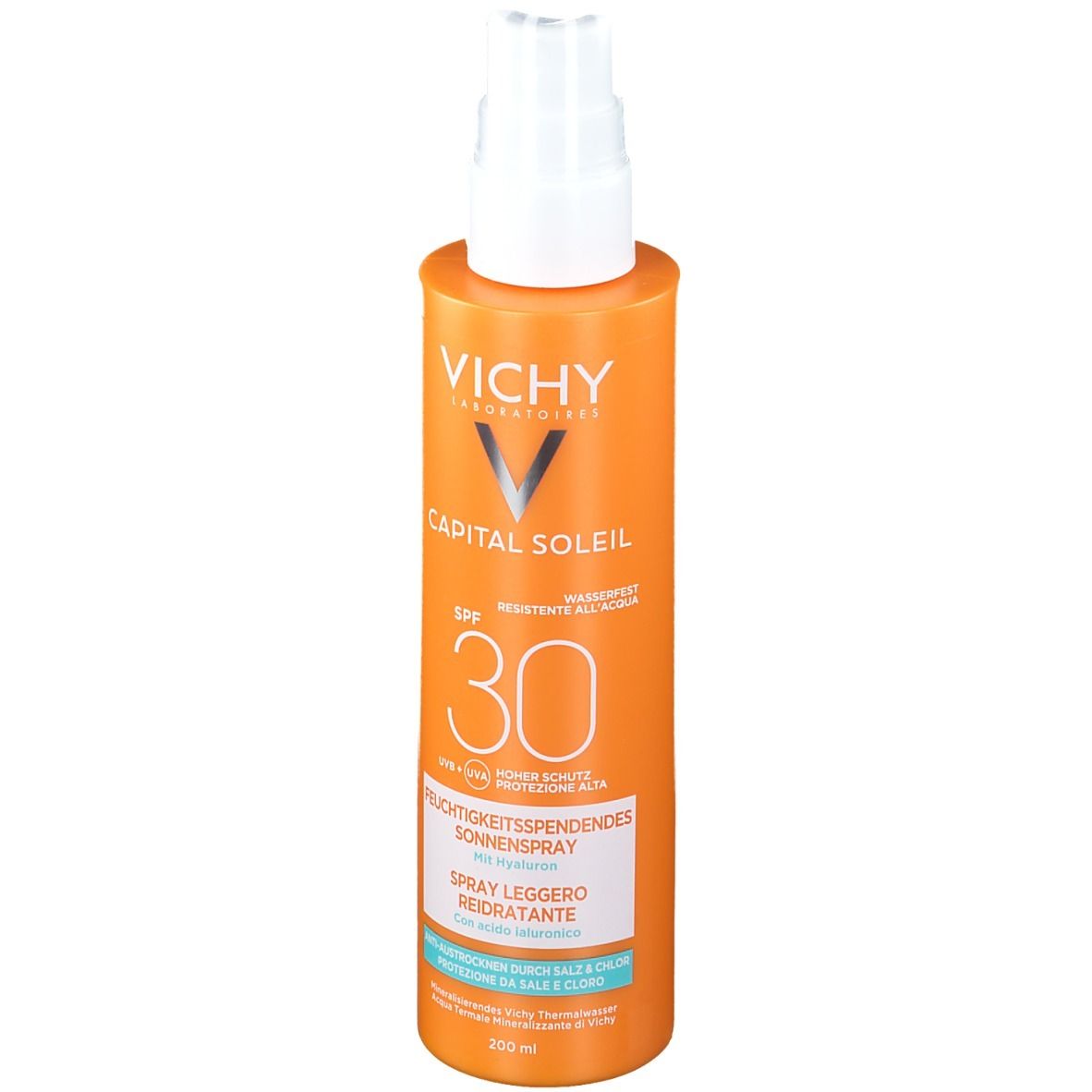 Vichy Capital Soleil Spray. Flacone arancione con erogatore bianco. SPF 30. Spray solare idratante.