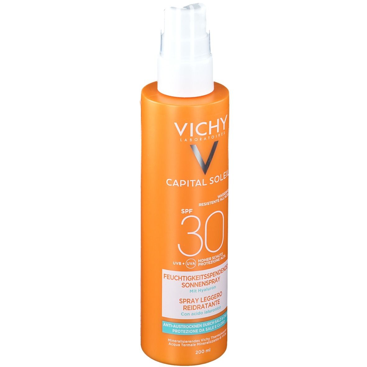 Vichy Capital Soleil Spray. Flacone arancione con erogatore bianco. SPF 30. Spray solare idratante.
