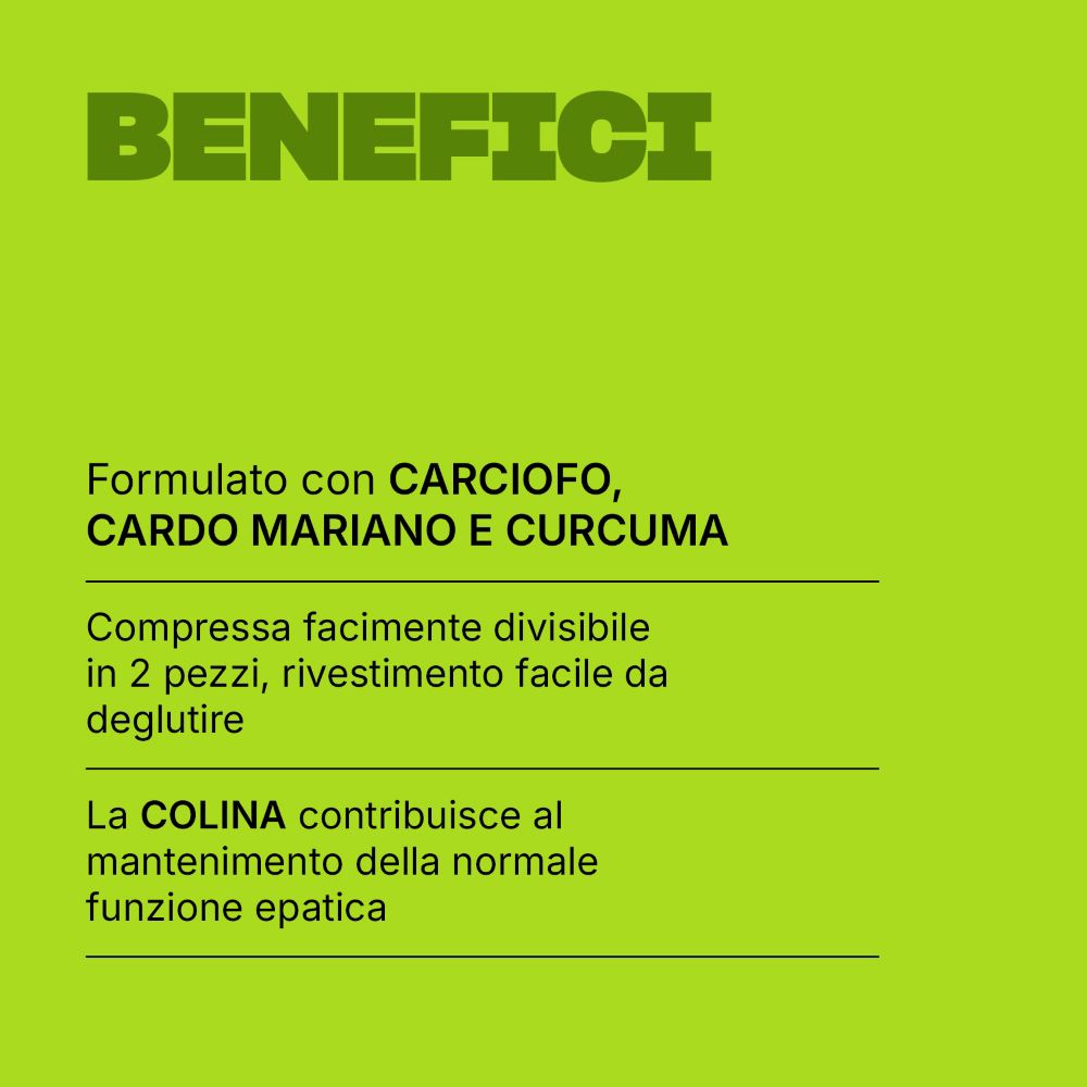 Testo su sfondo verde: Contiene carciofo, cardo mariano e curcuma. Compresse facilmente divisibili.