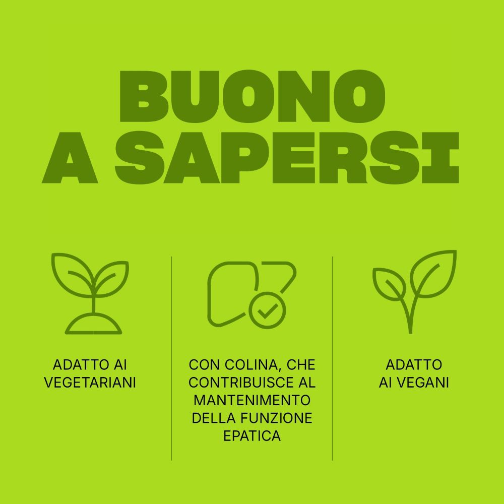 Testo su sfondo verde: Adatto ai vegetariani e vegani. Contiene colina per supportare la funzione epatica.