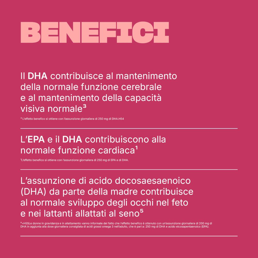 Pagina di testo con informazioni sui benefici di DHA e EPA. Sfondo rosa. Testo in italiano.