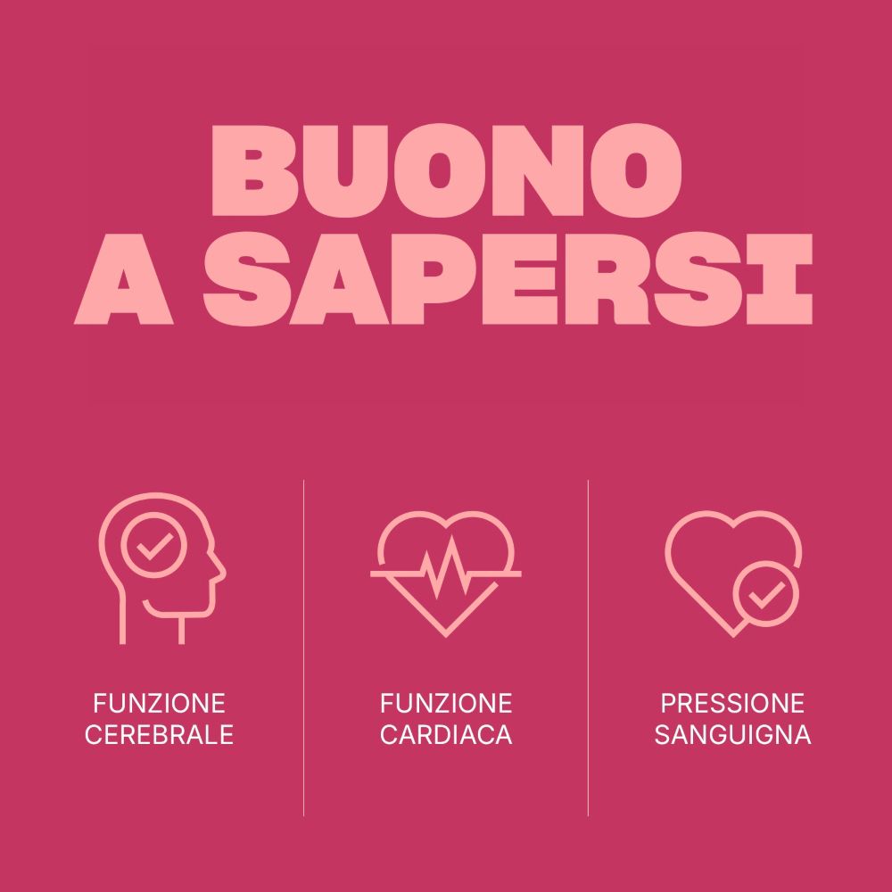 Sfondo rosa con simboli di funzione cerebrale, cardiaca e pressione sanguigna. Testo in italiano.