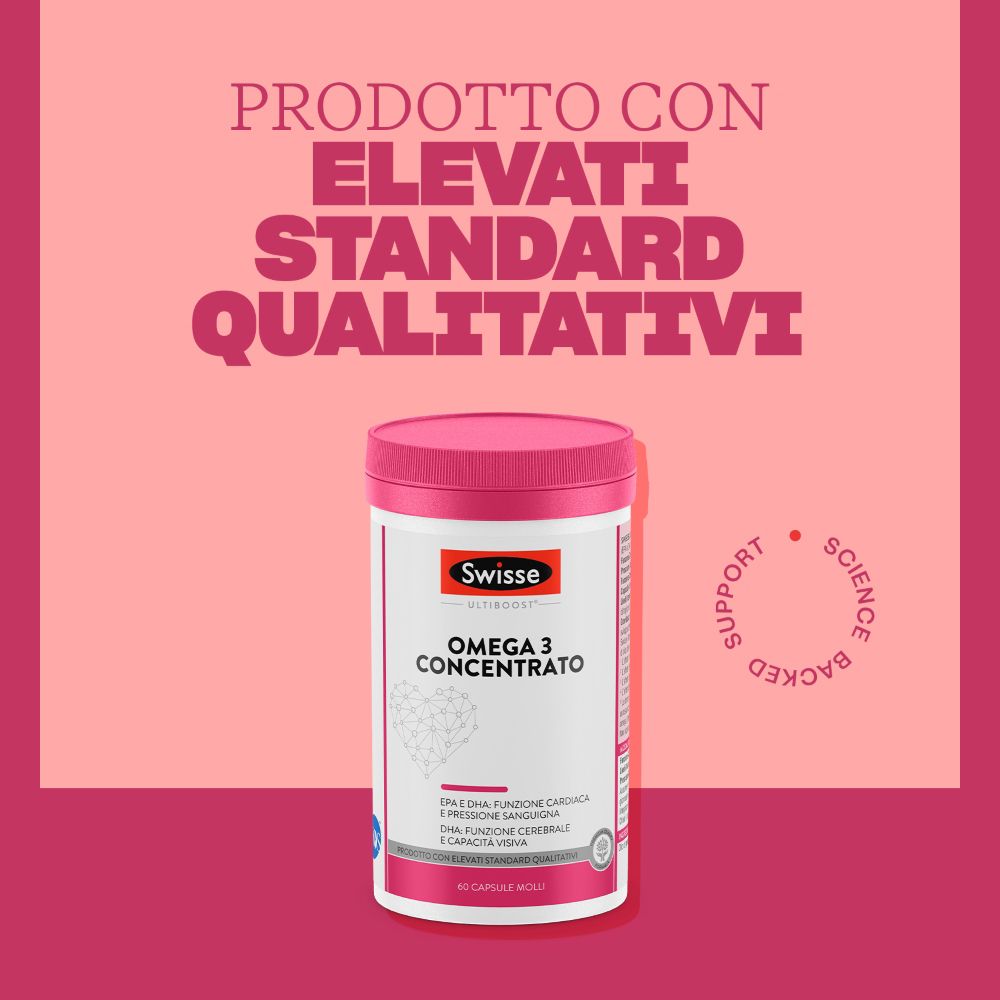 Flacone del prodotto su sfondo rosa. Testo: Omega 3 Concentrato. Testo: 60 capsule molli. Certificazione IFOS.