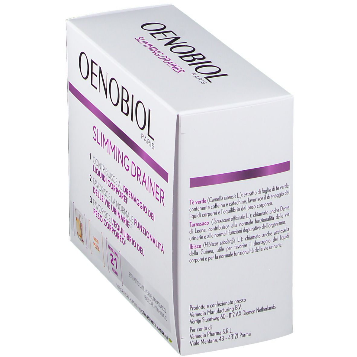 Confezione Oenobiol Slimming Drainer. Bianca con dettagli viola, vista dall'alto. Testo: 'Slimming Drainer'.