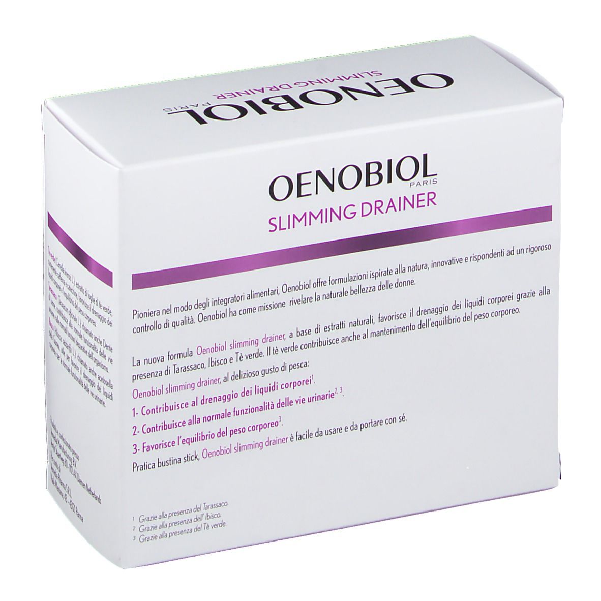 Confezione Oenobiol Slimming Drainer. Bianca con dettagli viola, vista obliqua. Testo: 'Slimming Drainer'.