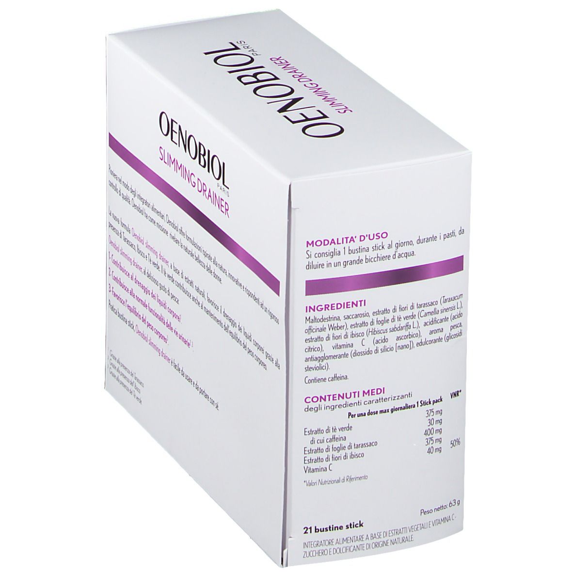 Confezione Oenobiol Slimming Drainer. Bianca con dettagli viola, vista obliqua. Testo: 'Slimming Drainer'.