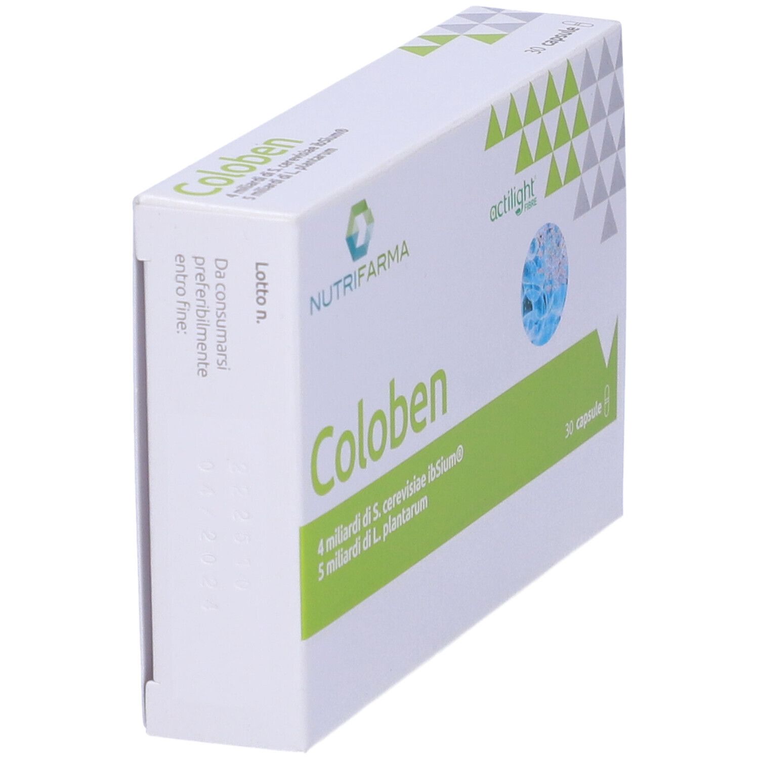 Scatola bianca con fascia verde. Scritta "Coloben", logo "Nutrifarma" e "actilight fibre".