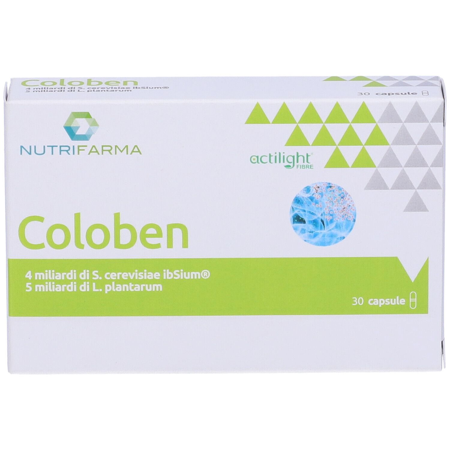 Scatola bianca con fascia verde. Scritta "Coloben", logo "Nutrifarma" e "actilight fibre".