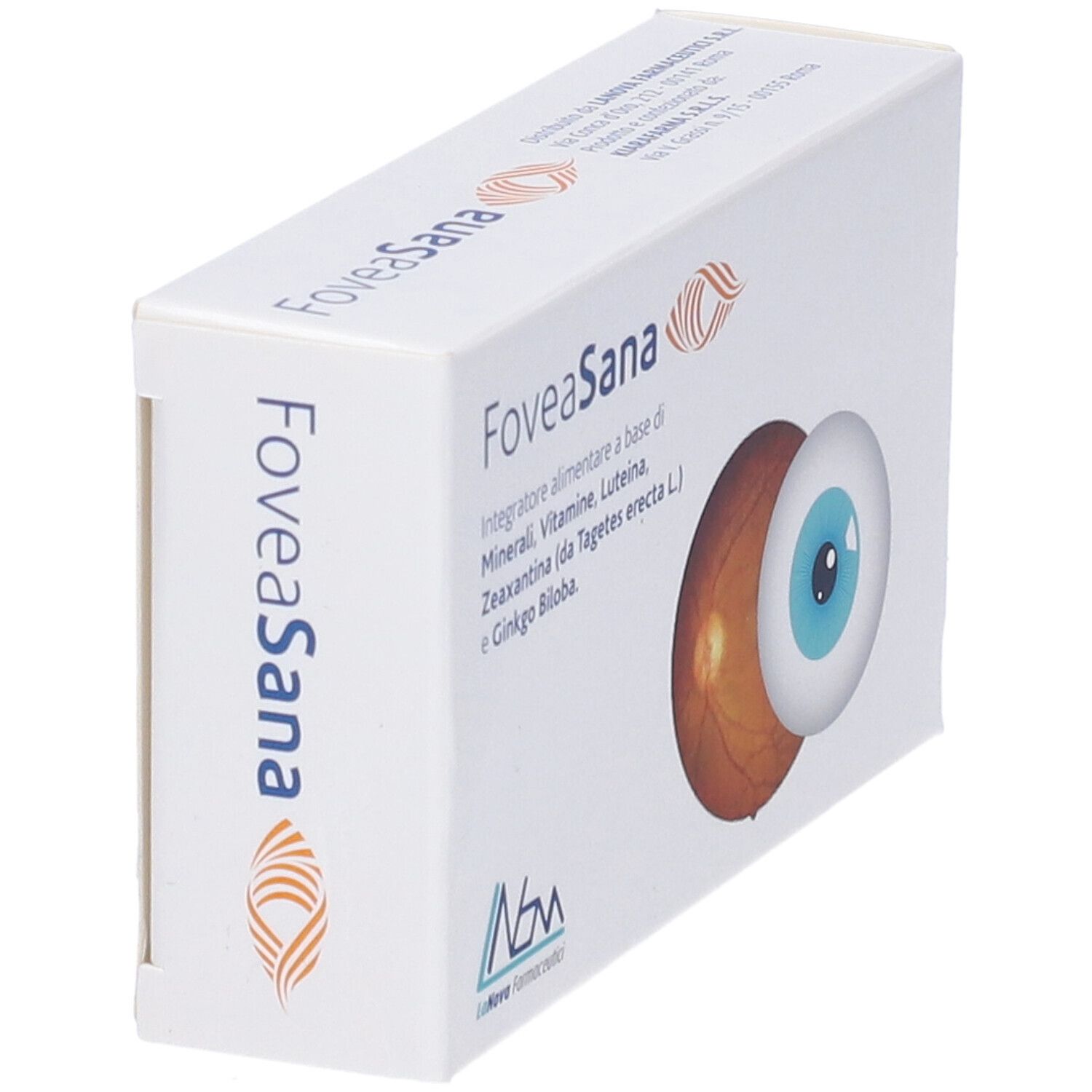 Confezione FoveaSana in prospettiva. Stampa del nome del prodotto e immagine occhio e retina.