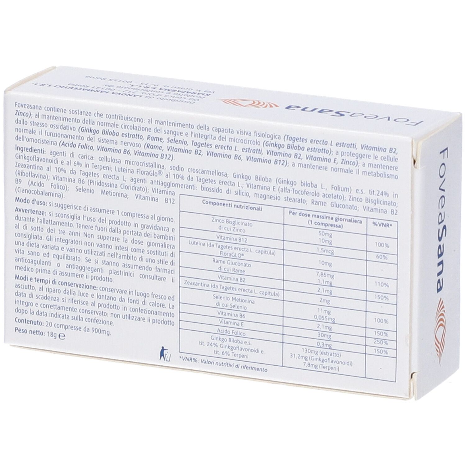 Retro confezione FoveaSana. Contiene testo con ingredienti e informazioni nutrizionali. 20 compresse.