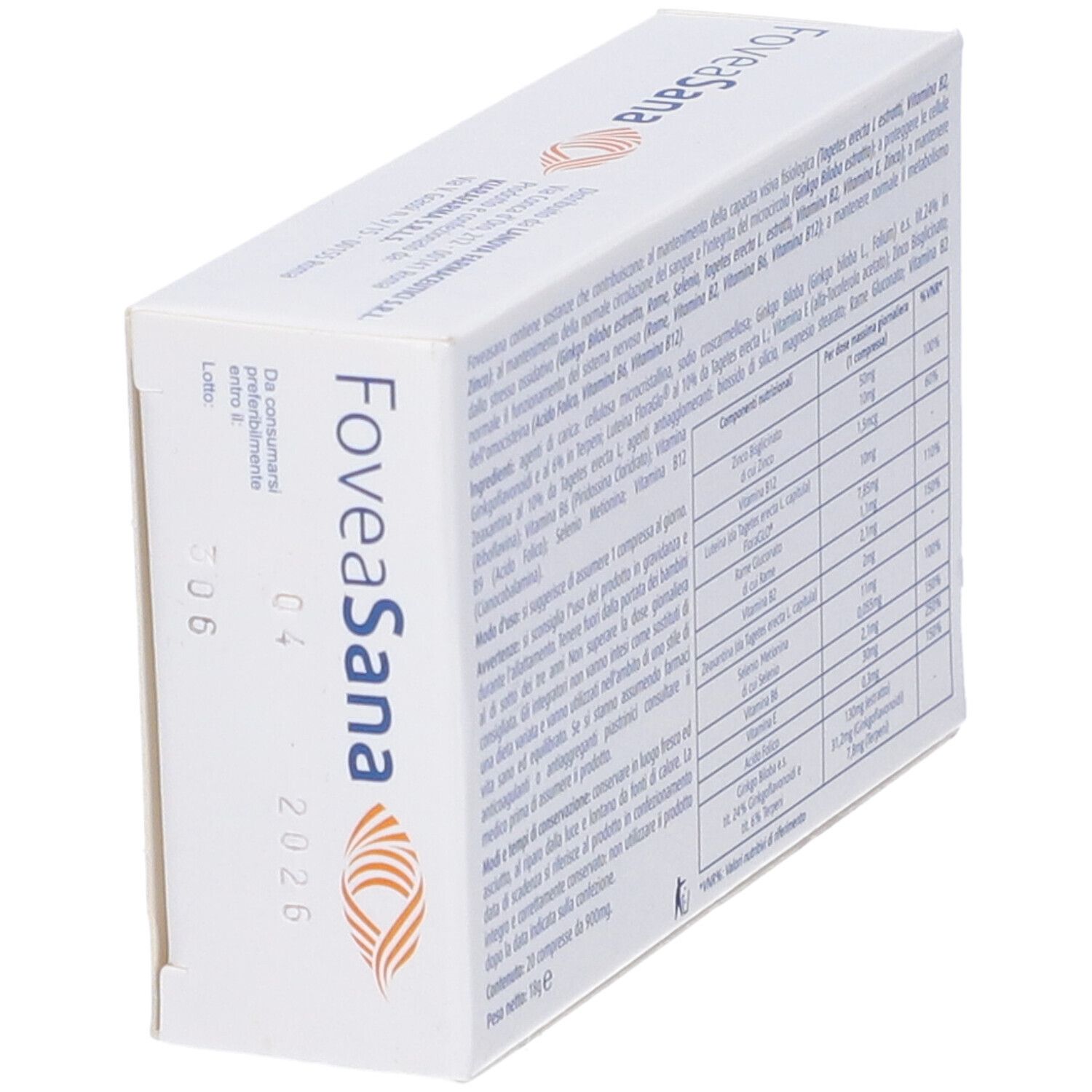 Retro confezione FoveaSana in prospettiva. Contiene testo con ingredienti e informazioni nutrizionali.