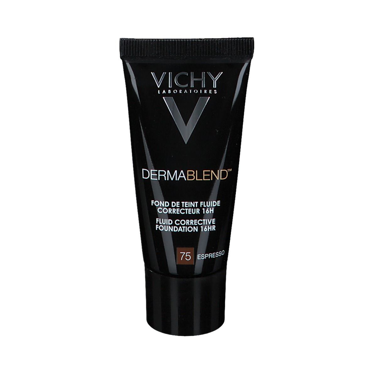 Tubo di trucco Vichy Dermablend 75 Espresso. Tubo nero con logo e informazioni sul prodotto.