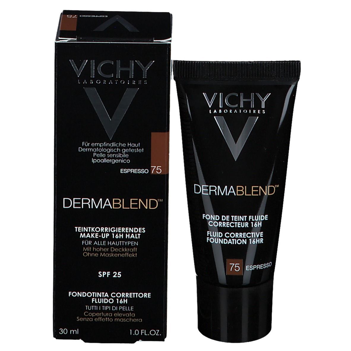 Vichy Dermablend Make-Up e confezione. Scatola e tubo neri. Tonalità 75 Espresso.
