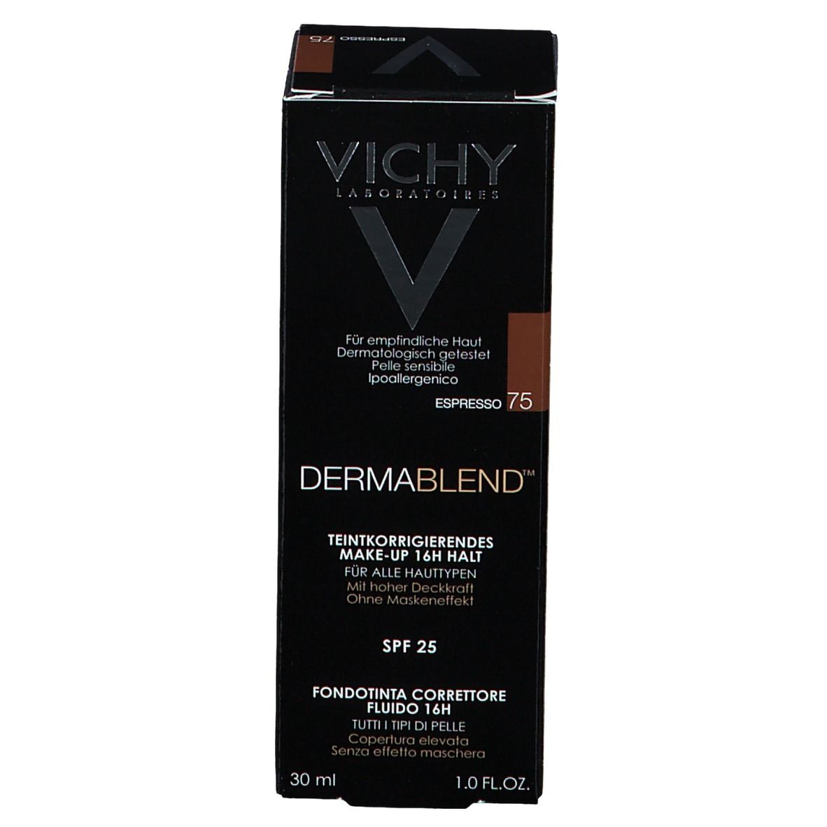 Confezione Vichy Dermablend Make-Up. Scatola nera con informazioni sul prodotto e tonalità 75 Espresso.