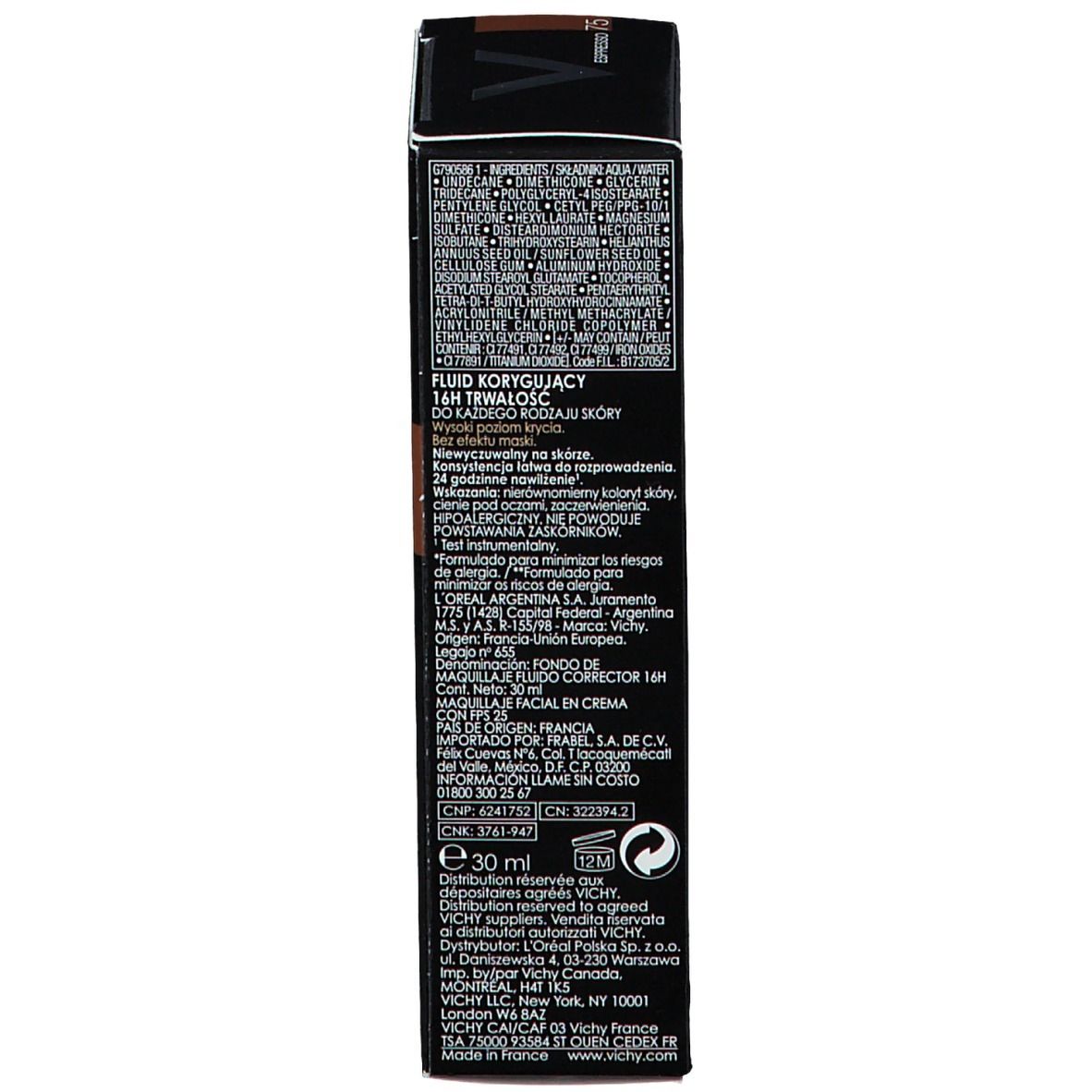 Retro della confezione Vichy Dermablend Make-Up. Testo multilingue, informazioni sul prodotto.