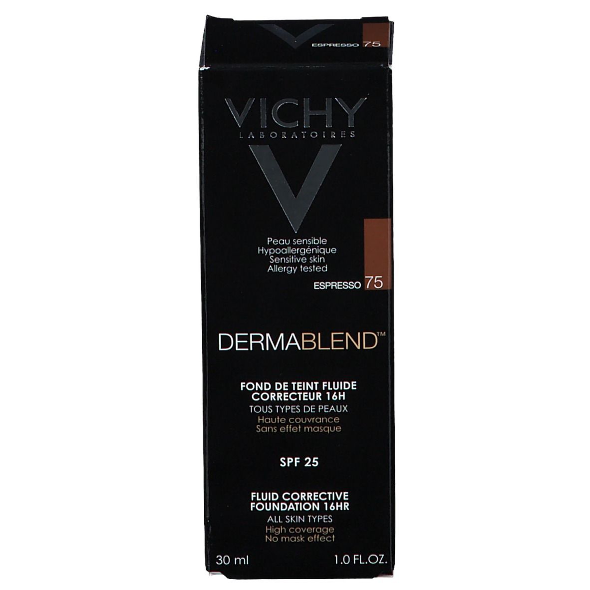 Confezione Vichy Dermablend Make-Up. Scatola nera con informazioni sul prodotto e tonalità 75 Espresso.