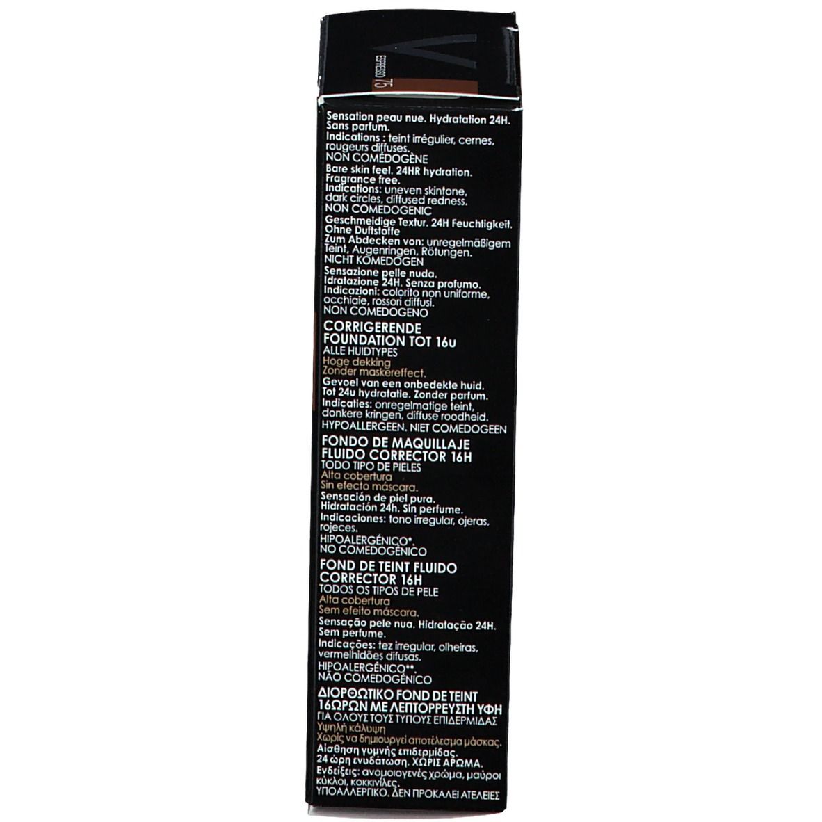 Retro della confezione Vichy Dermablend Make-Up. Testo multilingue, informazioni sul prodotto.