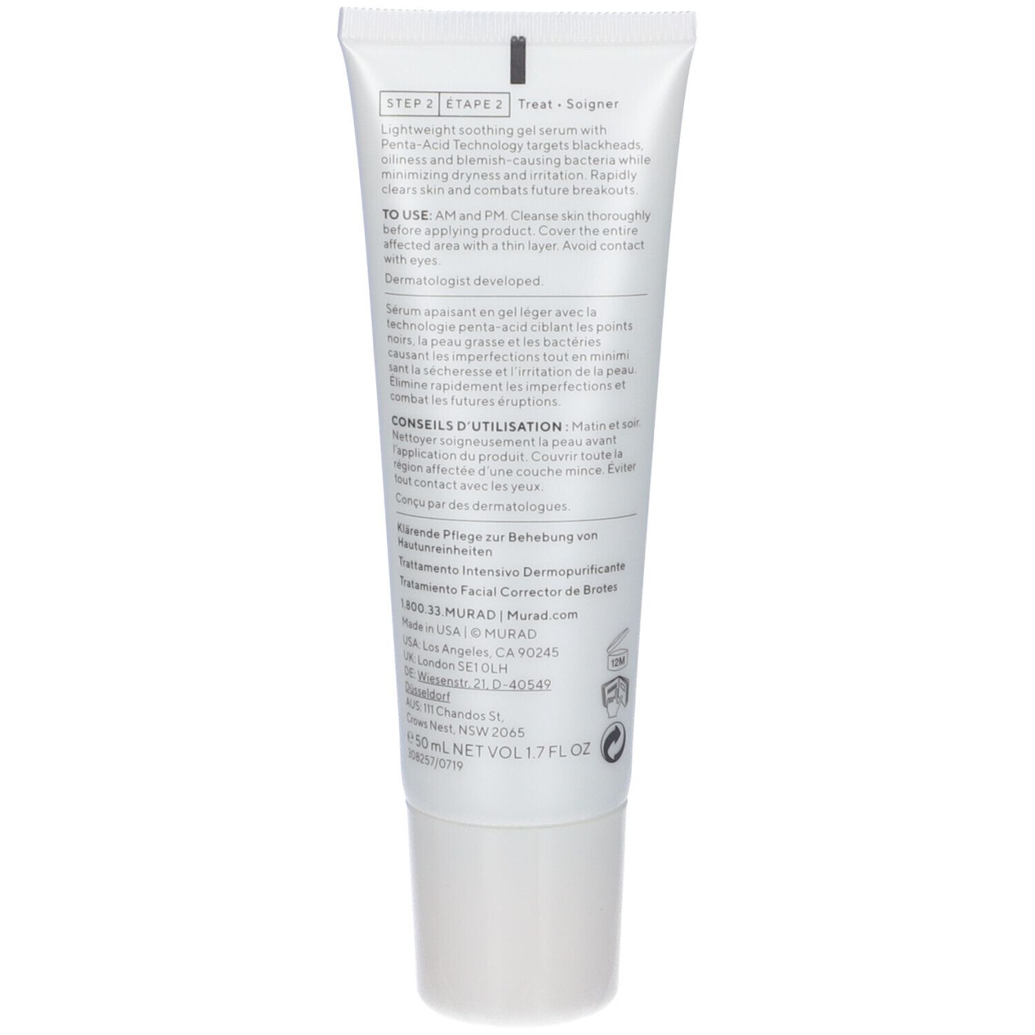 Retro del tubo. Testo multilingue. Informazioni sull'uso e sugli ingredienti.