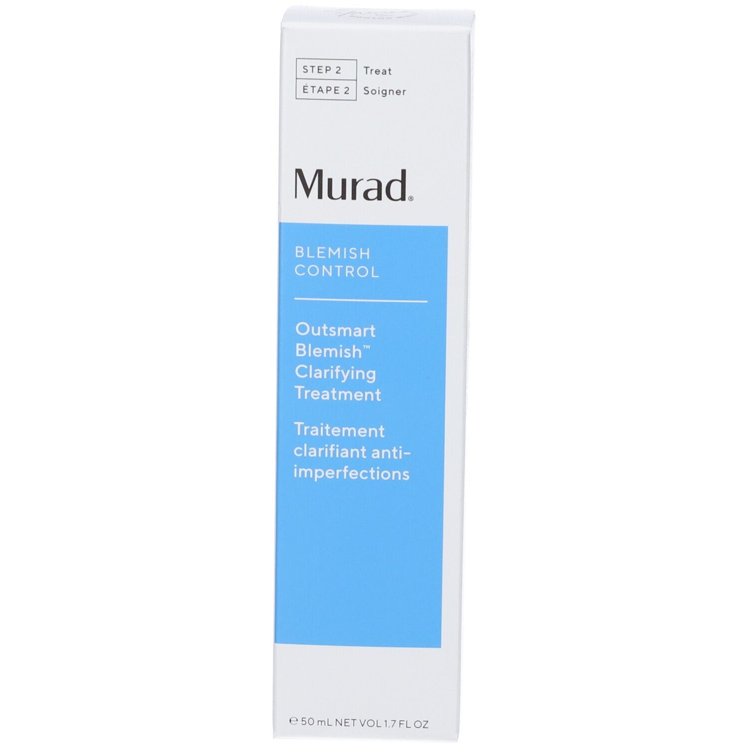 Confezione del prodotto. Scritta: Murad, Blemish Control, Outsmart Blemish Clarifying Treatment.