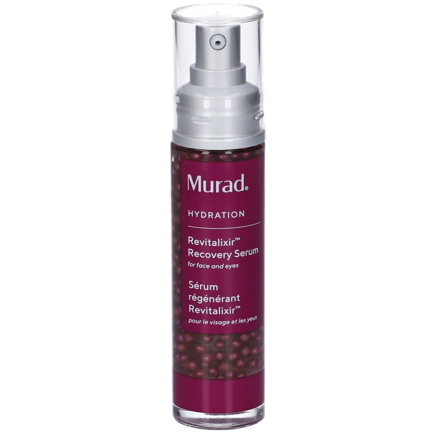 Flacone di siero con pompa. Etichetta viola con nome prodotto e marchio Murad. Contiene perle.