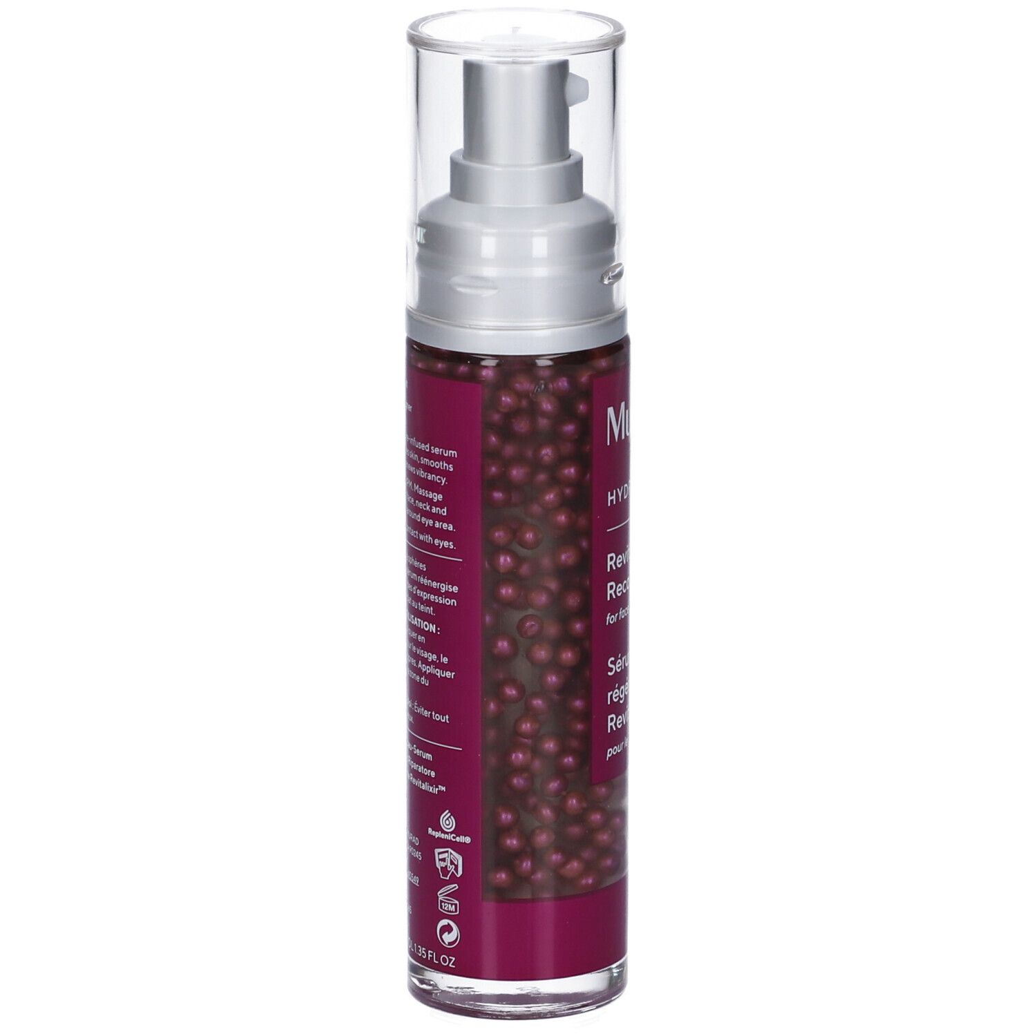 Flacone di siero con pompa. Etichetta viola con nome prodotto e marchio Murad. Contiene perle.