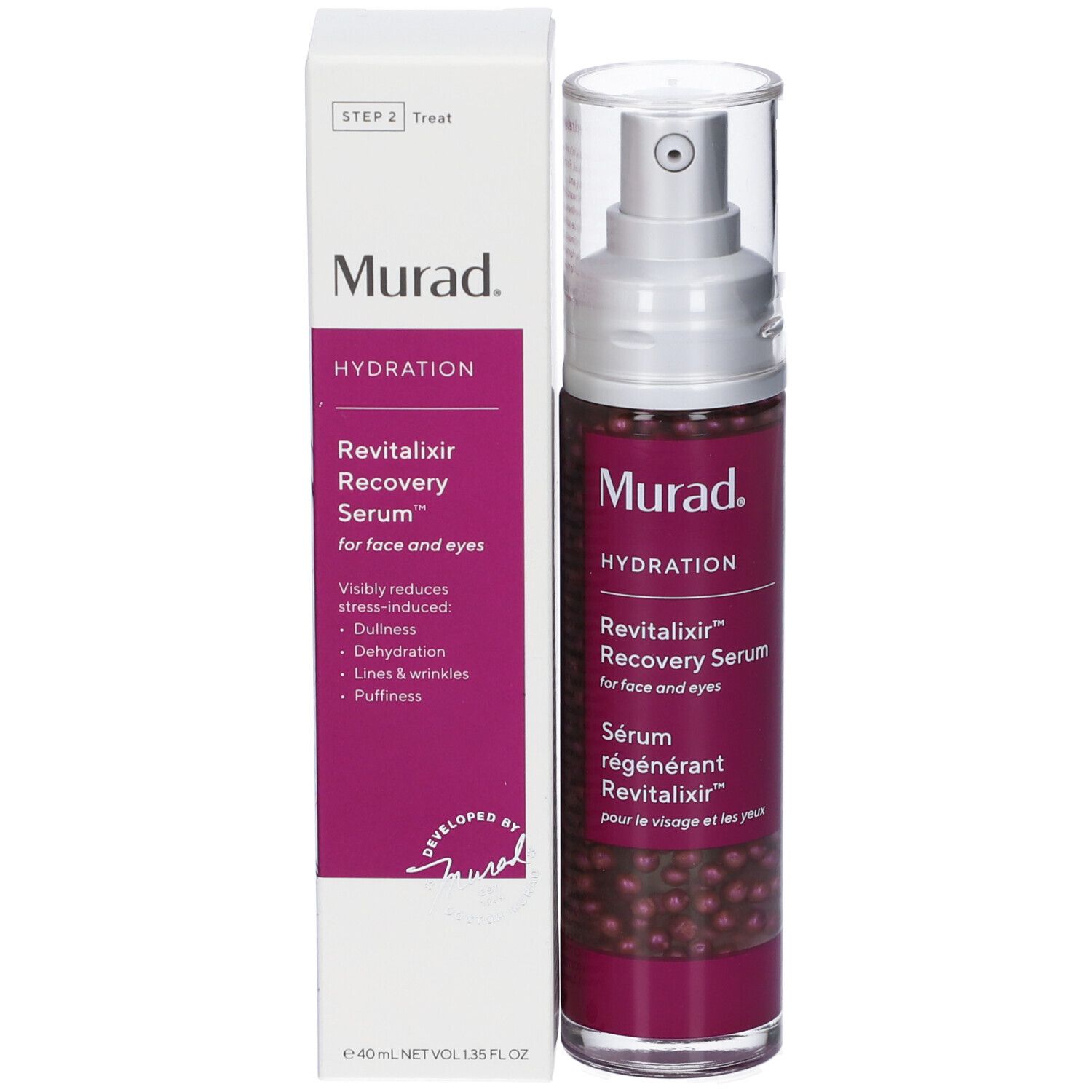 Flacone di siero e confezione. Etichetta viola con nome prodotto e marchio Murad. Contiene perle.