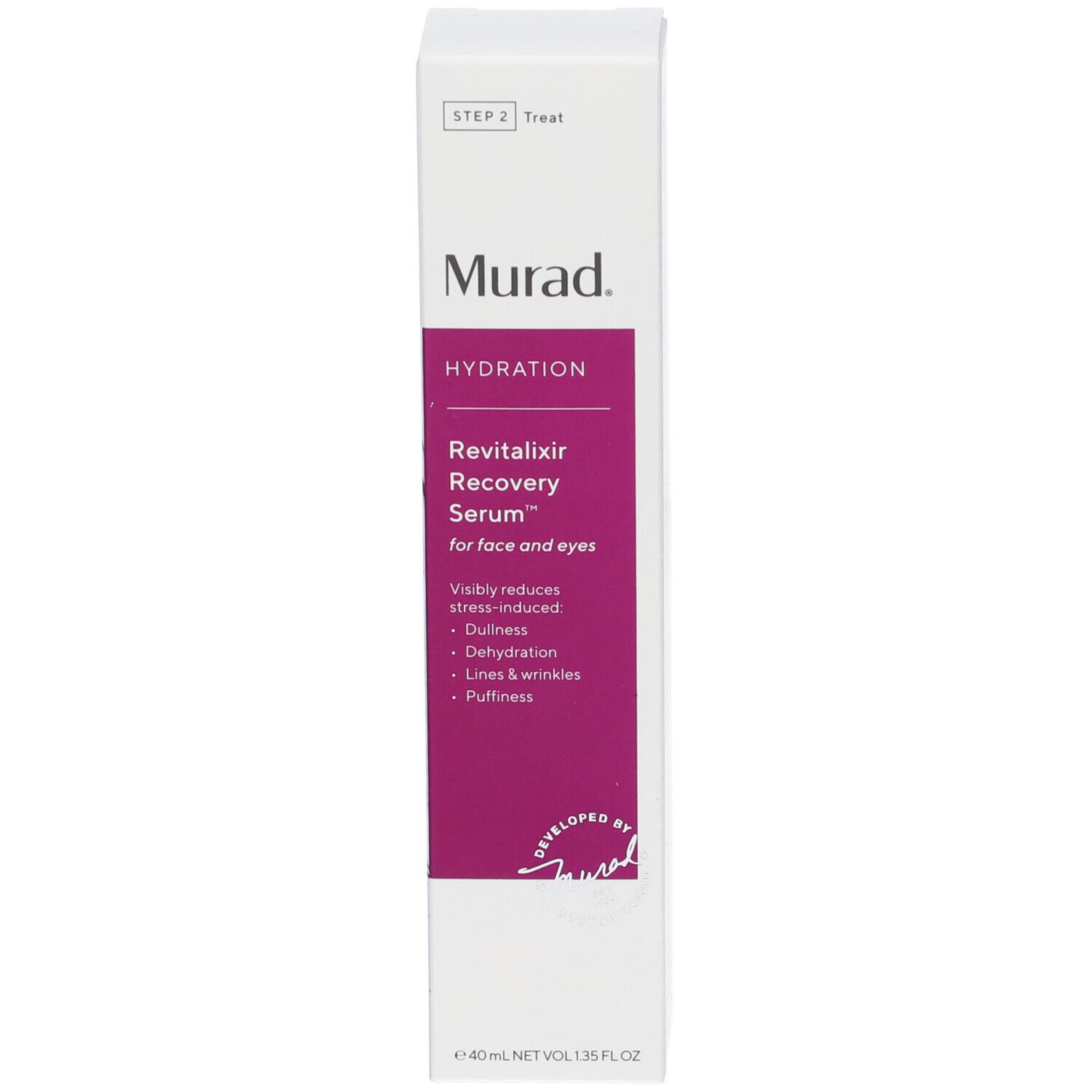Confezione. Etichetta viola con nome prodotto e marchio Murad. Testo: Revitalixir Recovery Serum.