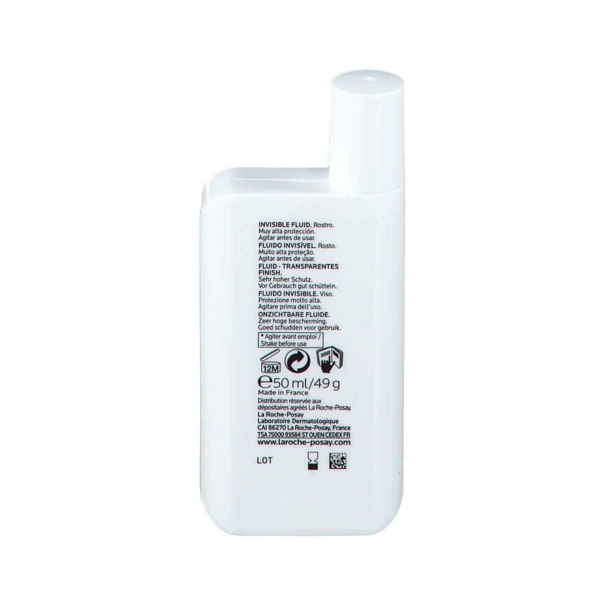 Retro del flacone bianco. Testo multilingue. Informazioni sugli ingredienti e sul produttore.