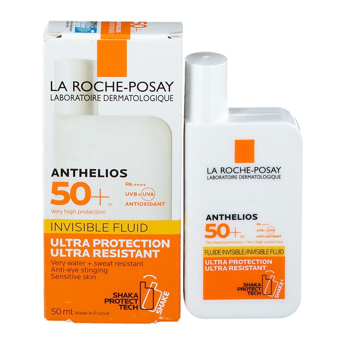 Confezione e flacone. Confezione con nome del prodotto e SPF. Flacone accanto.