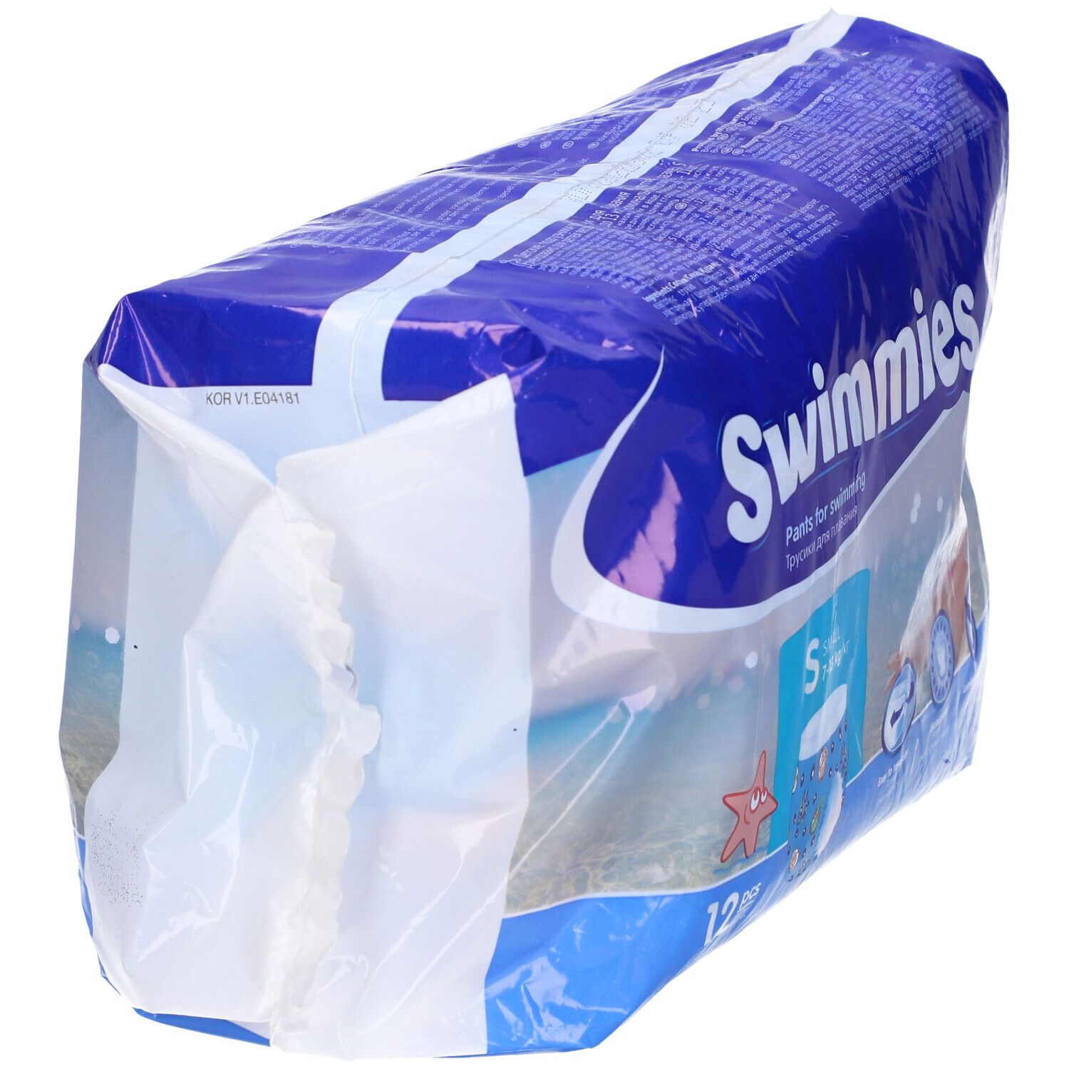 Vista posteriore della confezione di Swimmies Pants. Confezione blu e bianca. Nome del prodotto e indicazione della taglia visibili.