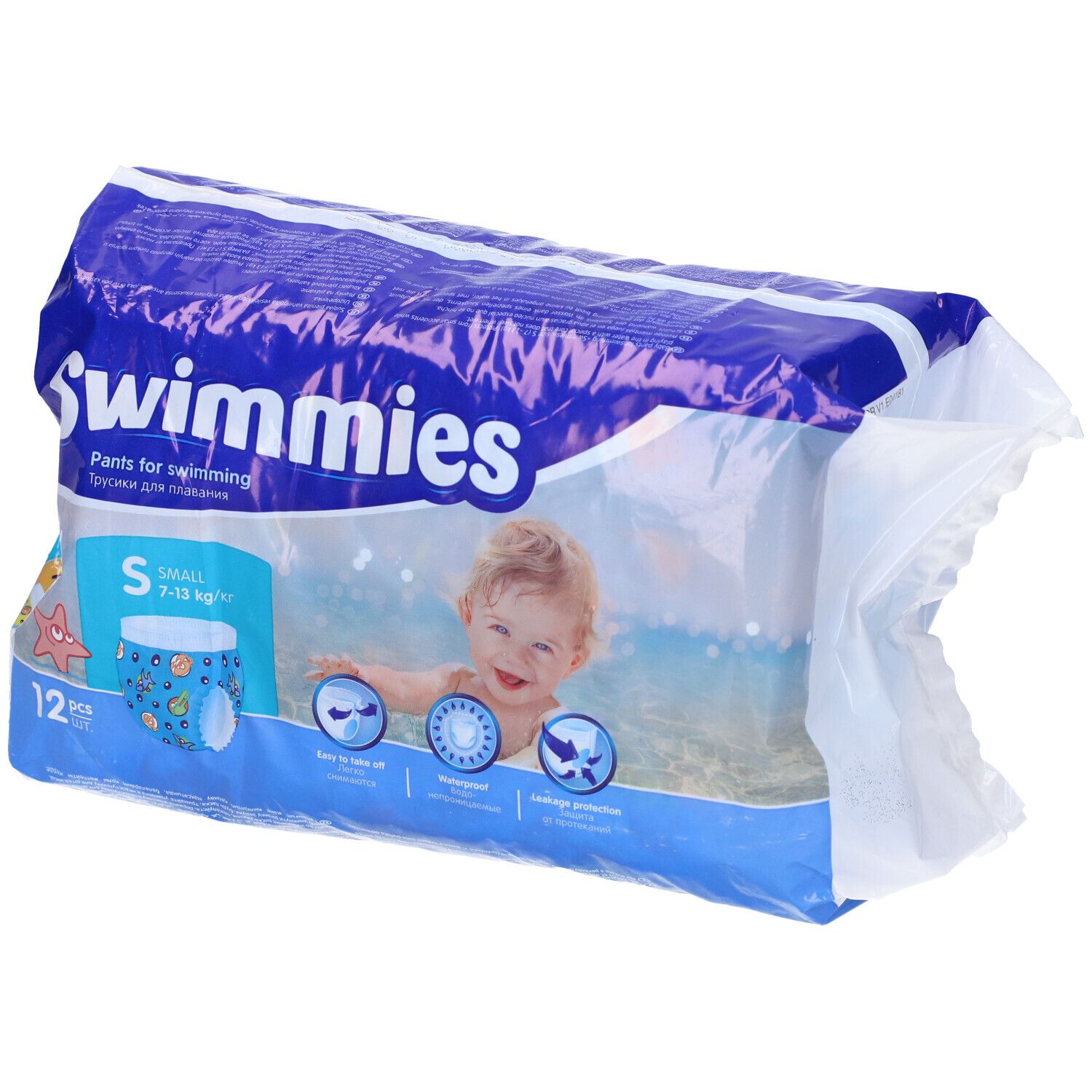 Confezione di Swimmies Pants per il nuoto, taglia S, 7-13 kg, 12 pezzi. Bambino sulla confezione. Confezione blu e bianca.