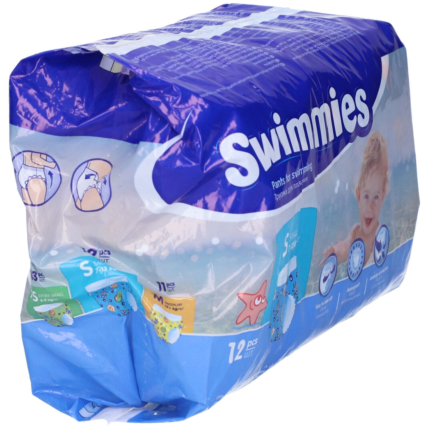 Confezione di Swimmies Pants per il nuoto, taglie S e M, 12 pezzi. Bambino sulla confezione. Confezione blu e bianca.