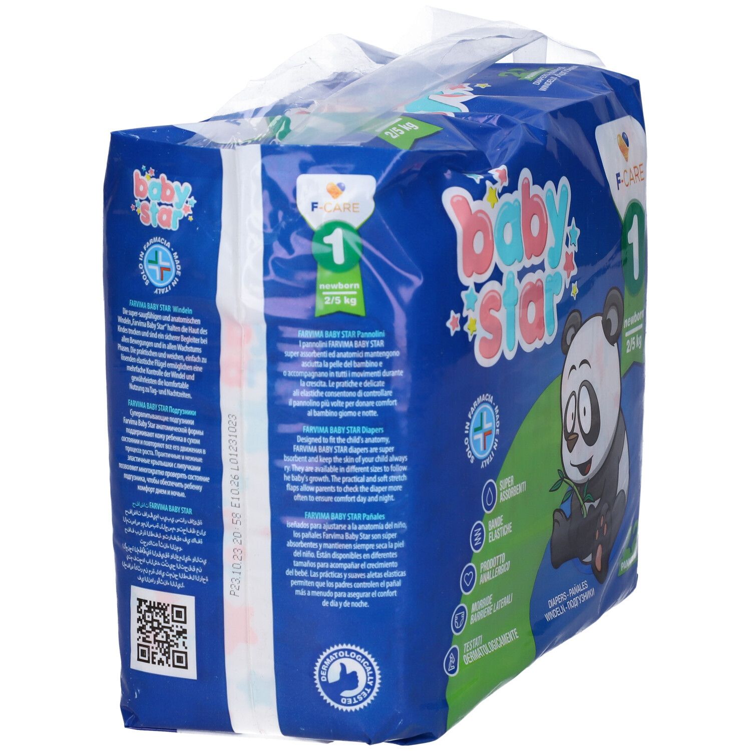 Retro confezione pannolini Baby Star. Testo e codice QR. Taglie 1-6. Logo F-CARE. 2/5 kg, taglia 1.