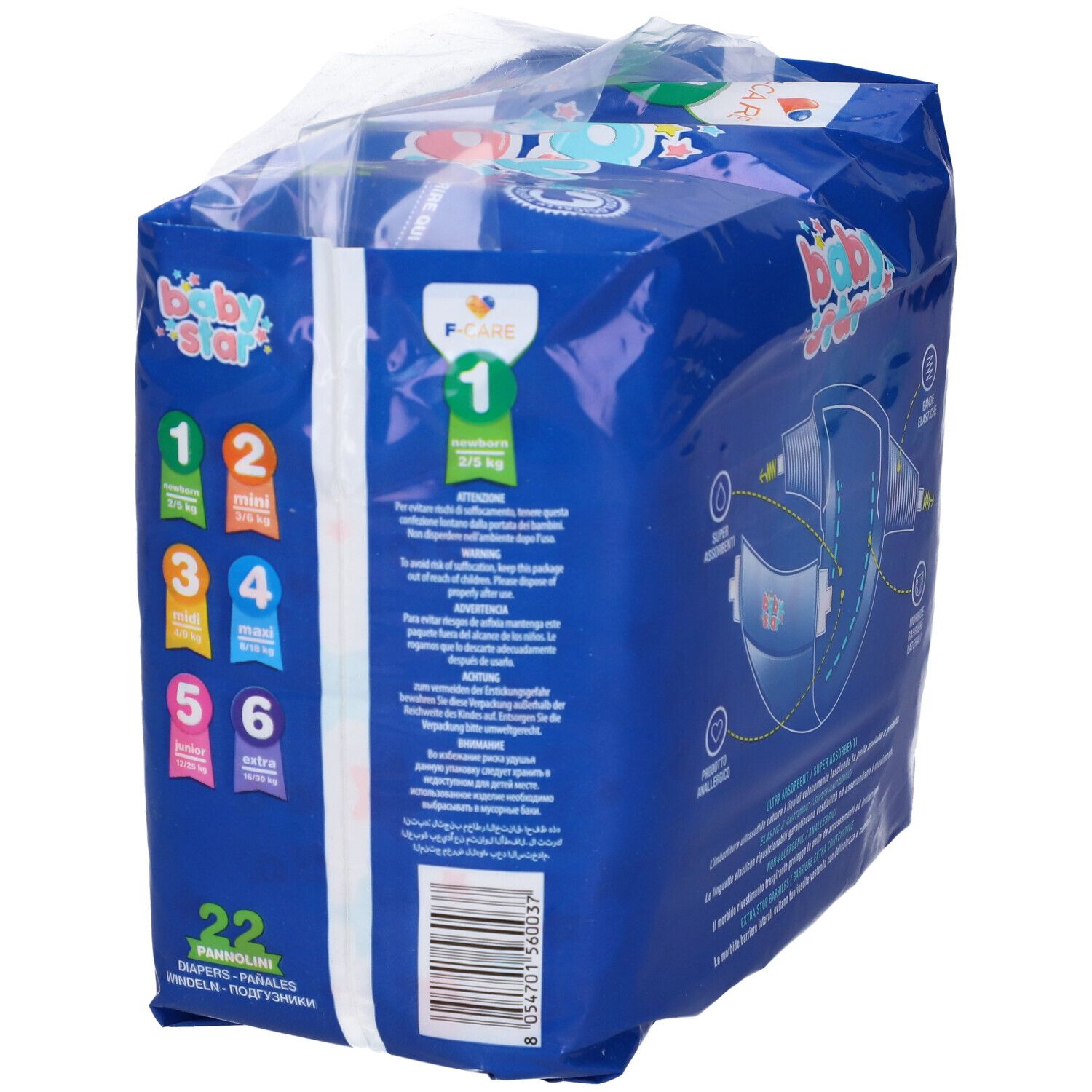 Vista laterale confezione pannolini Baby Star. Taglie 1-6. Testo: 22 pannolini. Logo F-CARE. 2/5 kg, taglia 1.