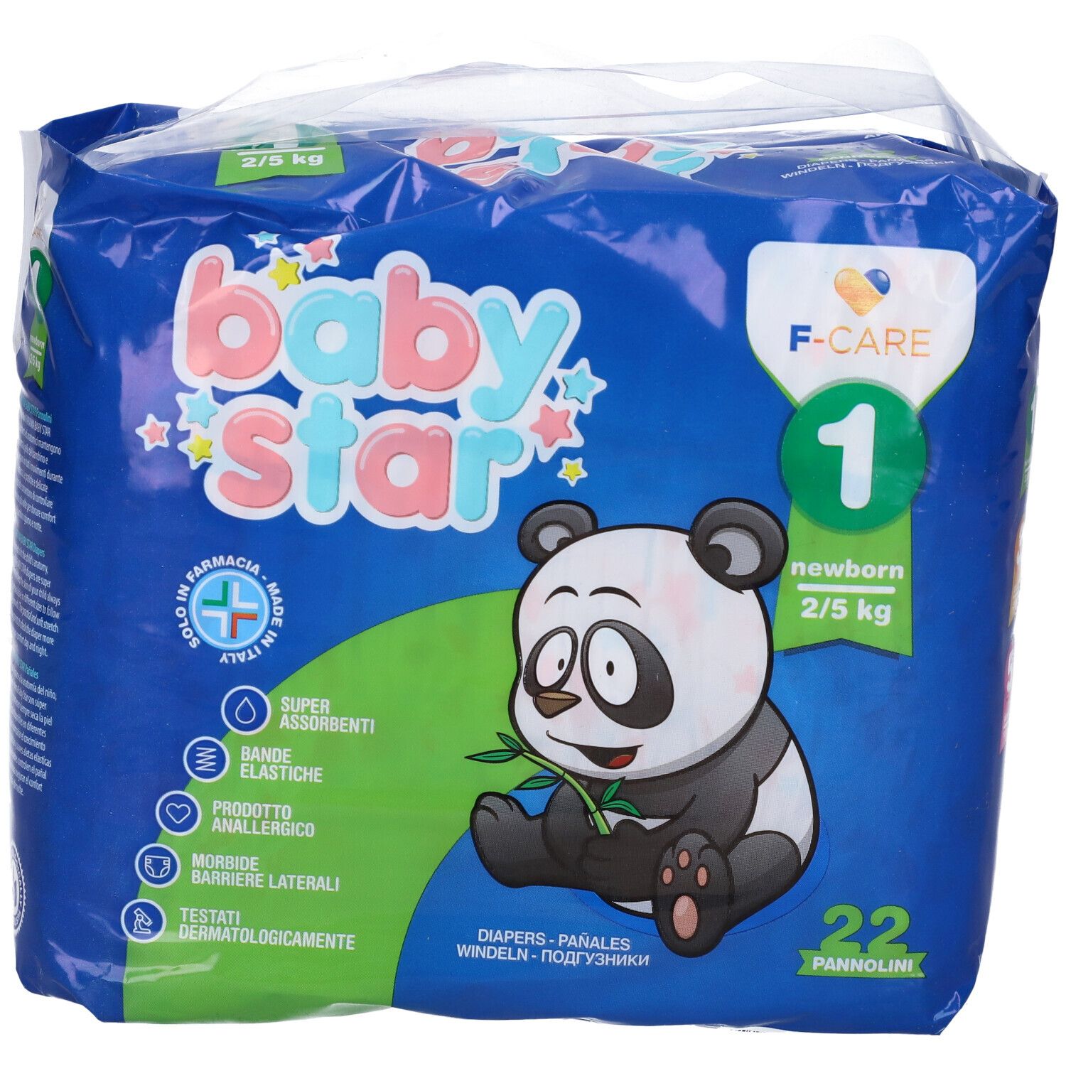 Confezione blu e bianca di pannolini Baby Star. Illustrazione panda, testo: 22 pannolini, 2/5 kg, taglia 1. Logo F-CARE.