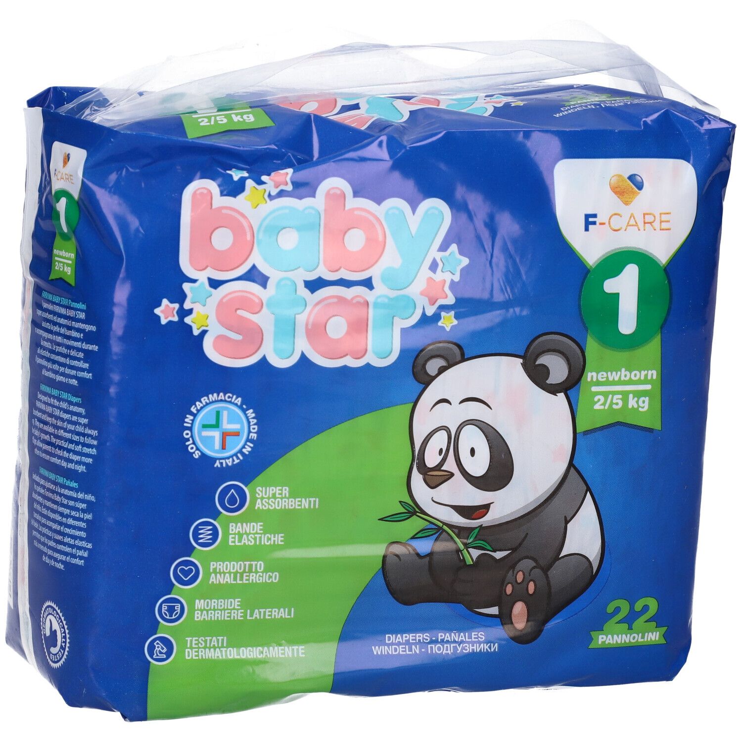 Confezione blu e bianca di pannolini Baby Star. Illustrazione panda, testo: 22 pannolini, 2/5 kg, taglia 1. Logo F-CARE.