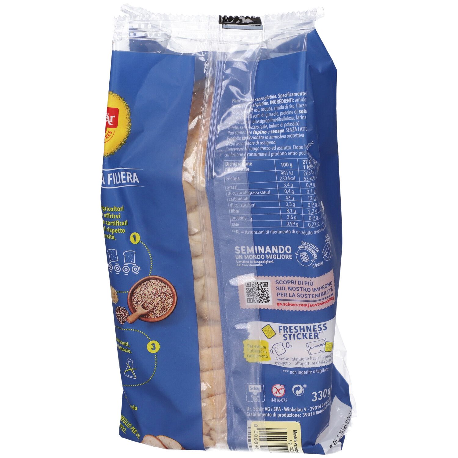 Retro della confezione Schär Classico del Mastro Panettiere. Contiene informazioni nutrizionali, elenco ingredienti e altro.