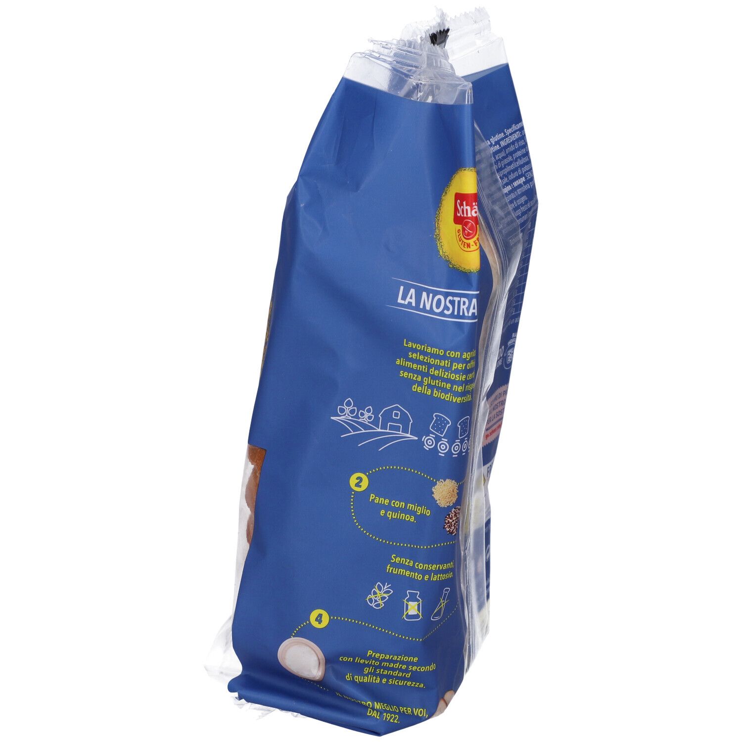 Retro della confezione Schär Classico del Mastro Panettiere. Illustrazioni di ingredienti e processi di produzione.