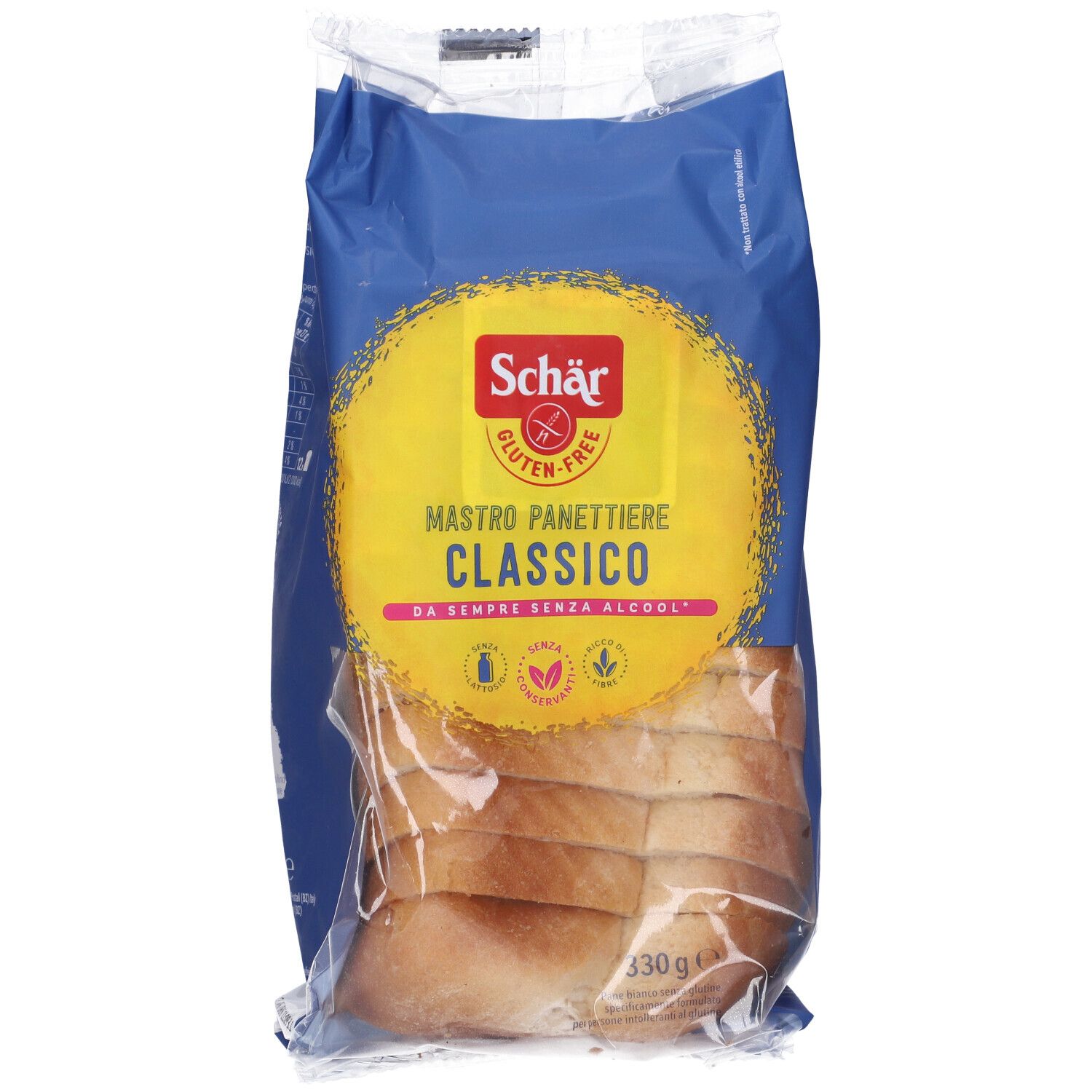 Confezione Schär Classico del Mastro Panettiere. Pane senza glutine a fette. Visibile: logo, nome prodotto, pane a fette.