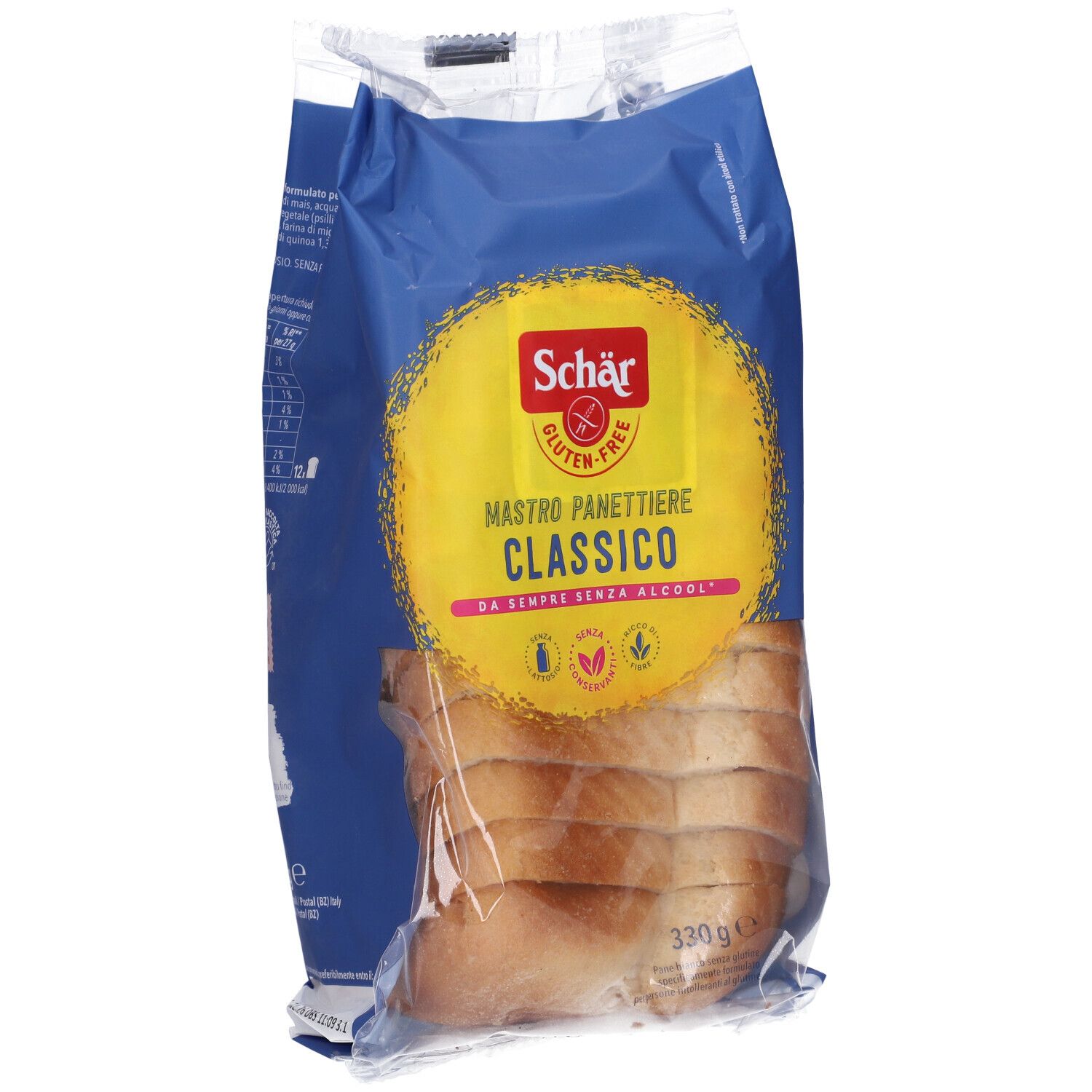 Confezione Schär Classico del Mastro Panettiere. Pane senza glutine a fette. Visibile: logo, nome prodotto, pane a fette.