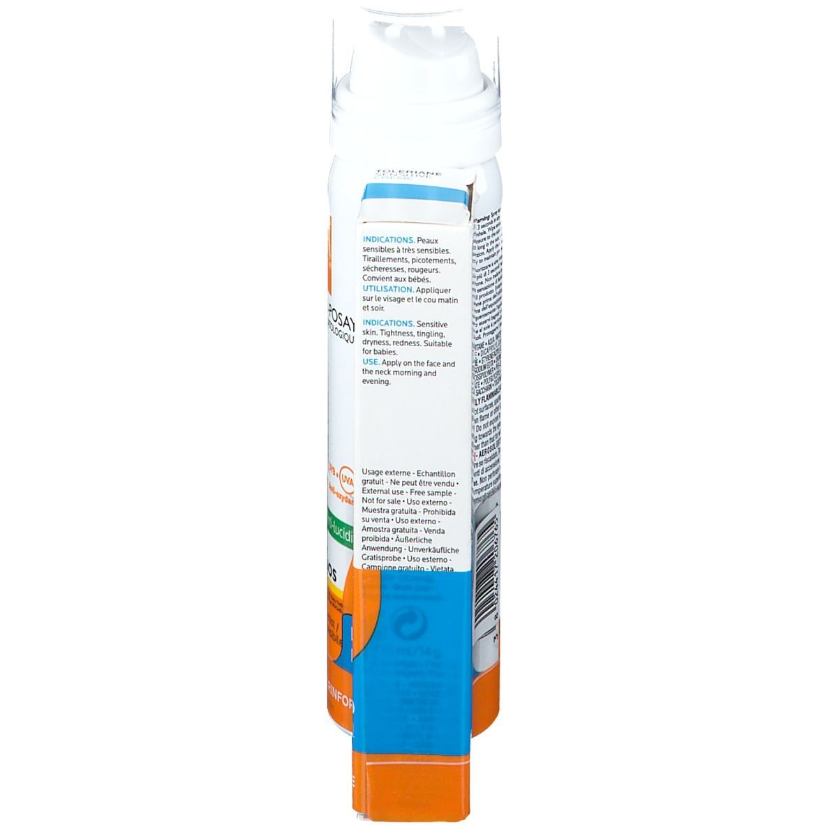 Retro del spray La Roche-Posay Anthelios. Flacone bianco con testo e informazioni. Dettagli arancioni e blu.