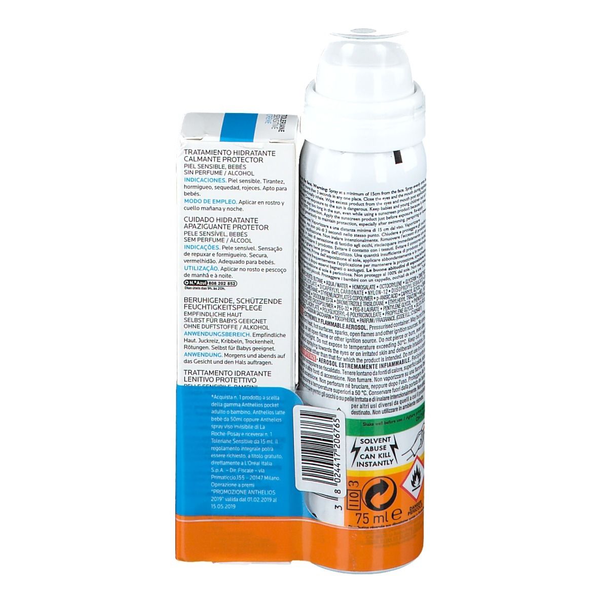 Retro dello spray La Roche-Posay Anthelios e della crema Toleriane Sensitive. Testo, dettagli arancioni e blu.