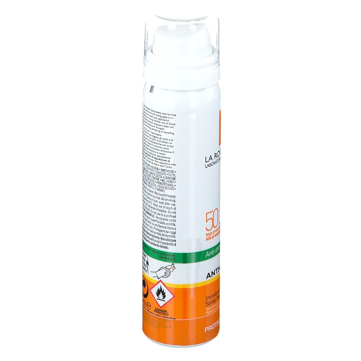 Vista laterale dello spray La Roche-Posay Anthelios. Flacone bianco con testo e informazioni. Dettagli arancioni e verdi.
