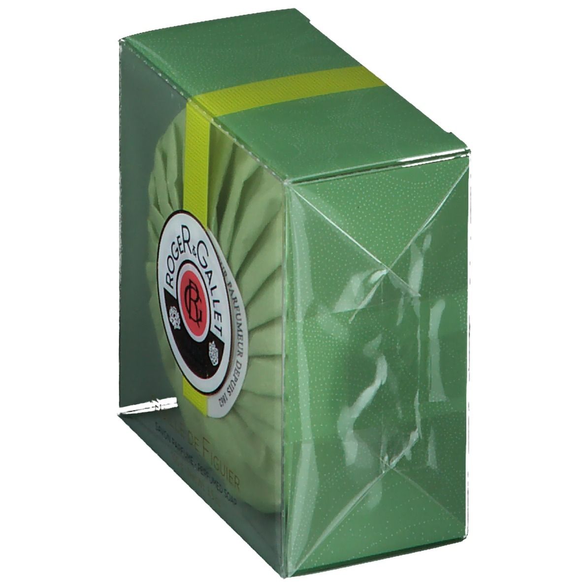 Confezione verde con sapone rotondo. Logo e testo sul sapone. Scatola di plastica trasparente.