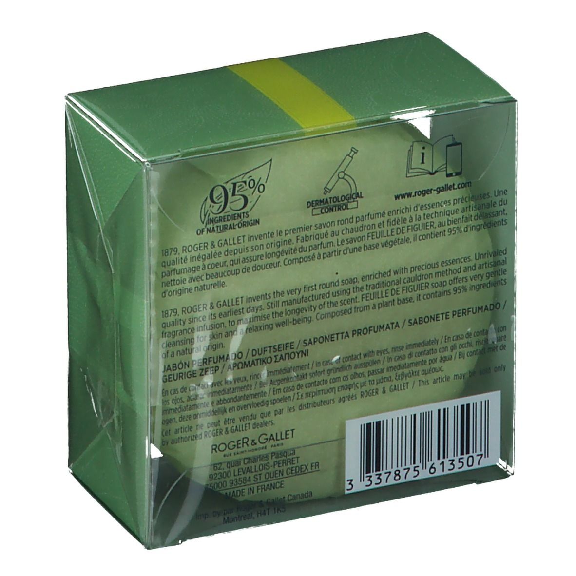 Retro della confezione verde con testo e codice a barre. Scatola di plastica trasparente.