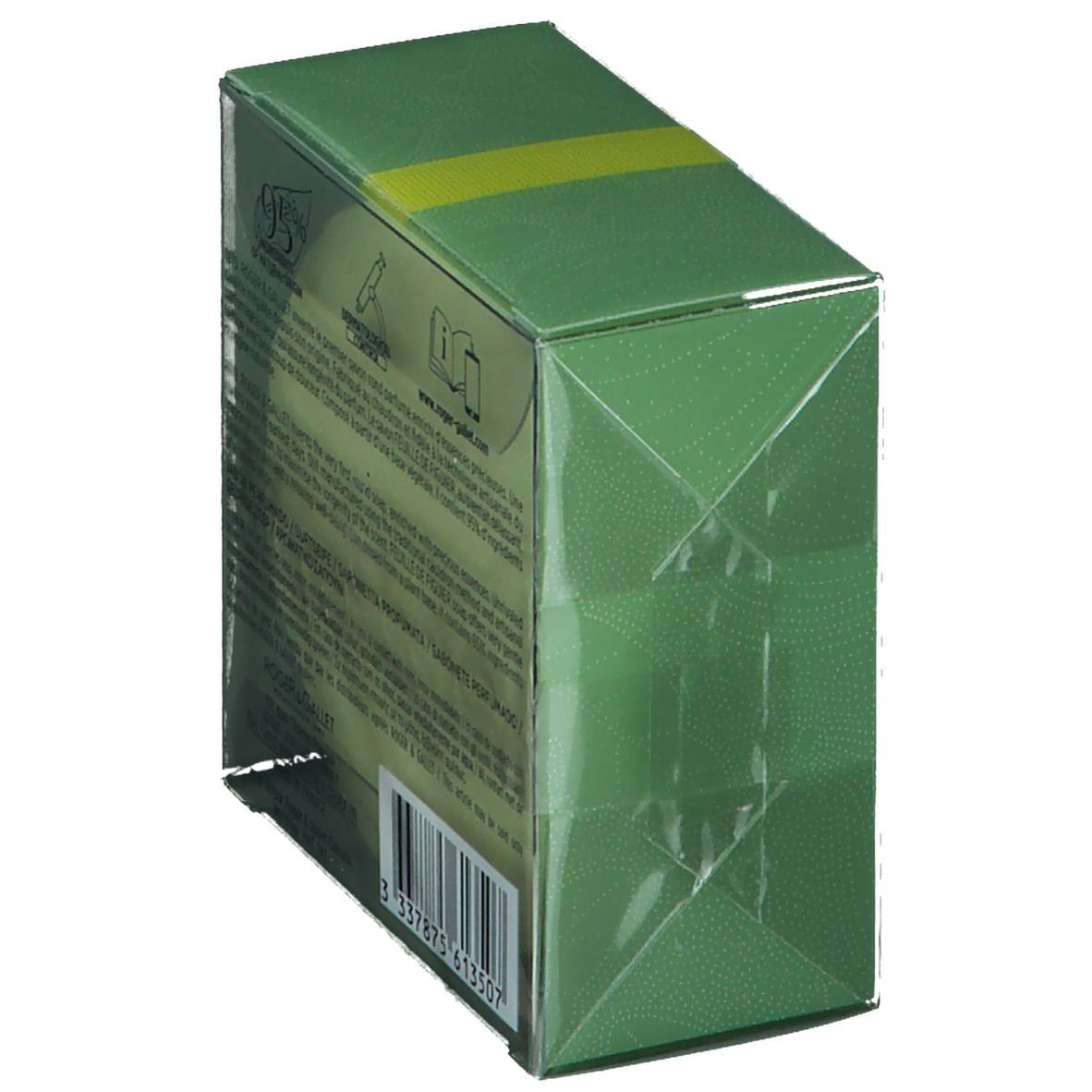 Confezione verde con testo e codice a barre. Scatola di plastica trasparente.