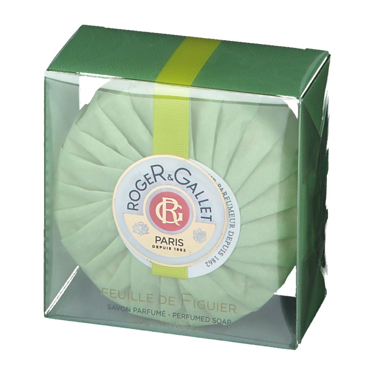 Sapone rotondo in confezione verde. Logo e testo sul sapone. Scatola di plastica trasparente.