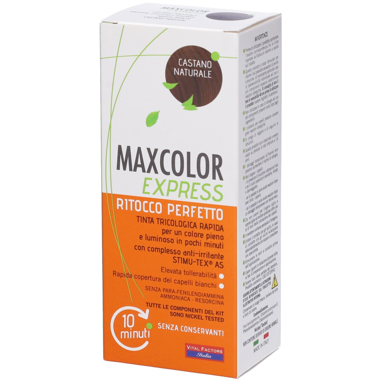 Confezione di Maxcolor Express Castano Naturale. Scritto: RITOCCO PERFETTO, 10 minuti, senza conservanti.