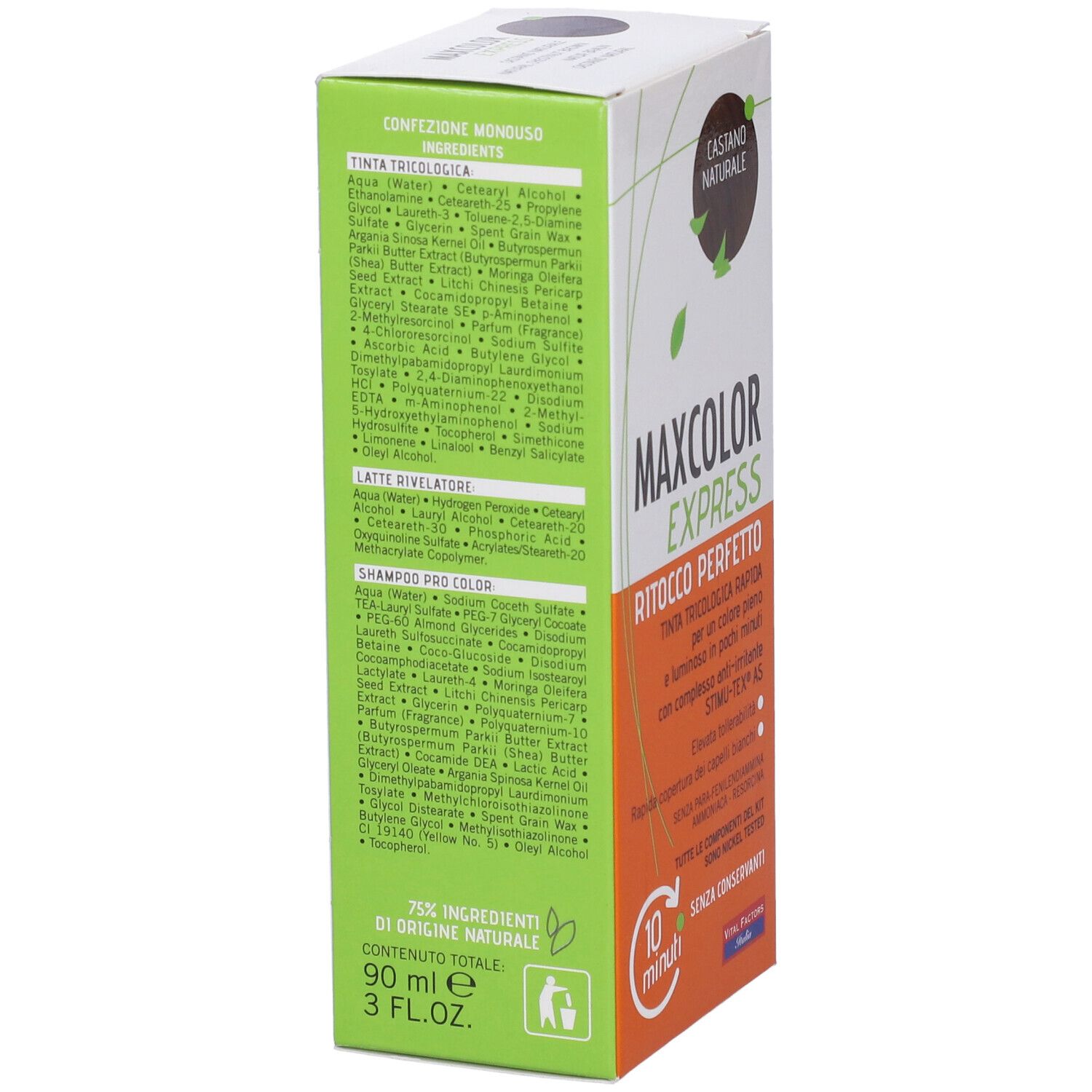 Confezione di Maxcolor Express. Scritto: Ingredienti, 90 ml, 3 fl.oz. e simbolo di riciclaggio.