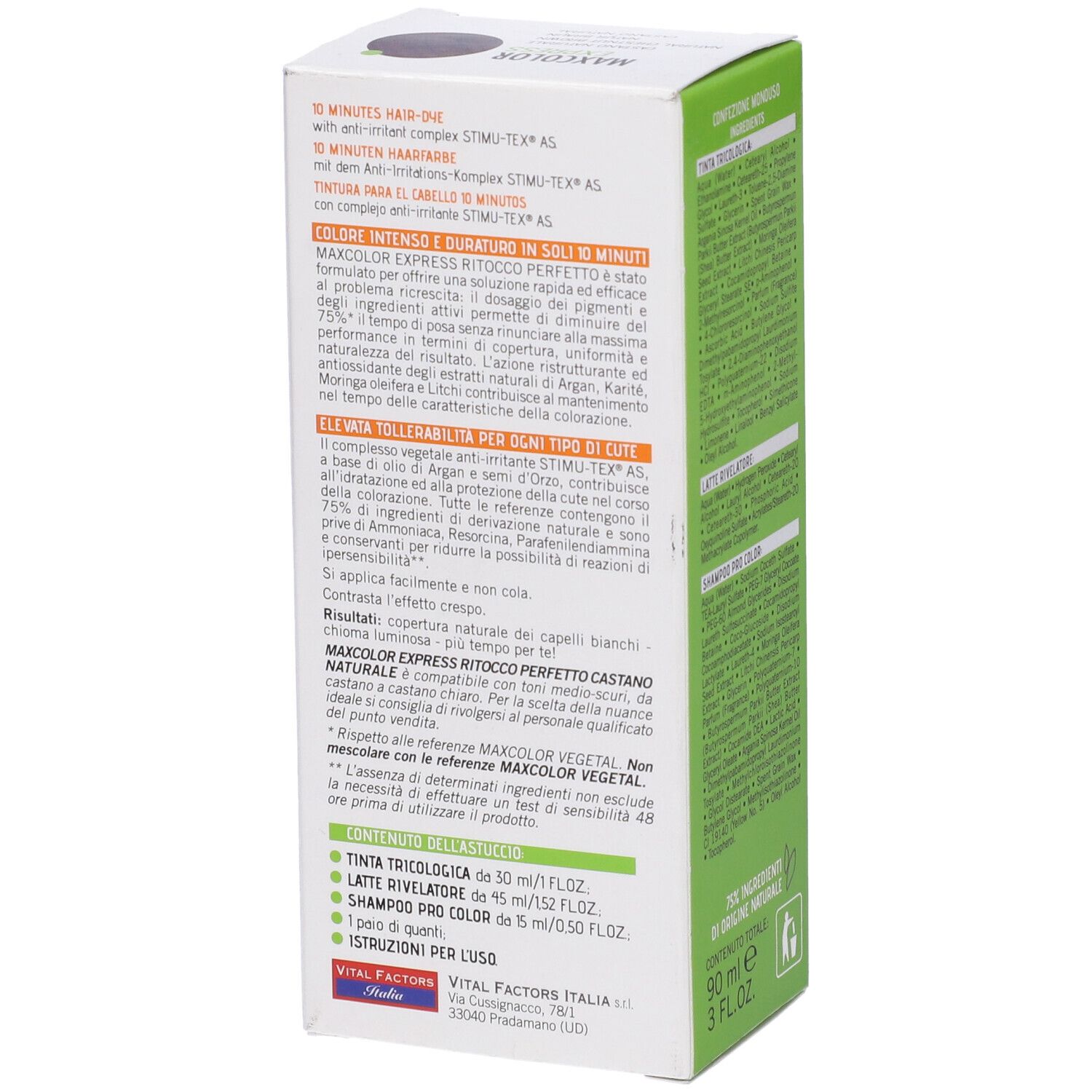 Confezione di Maxcolor Express. Testo: 10 minuti di colorazione, colore e lucentezza in 10 minuti, ingredienti, 90 ml, 3 fl.oz.